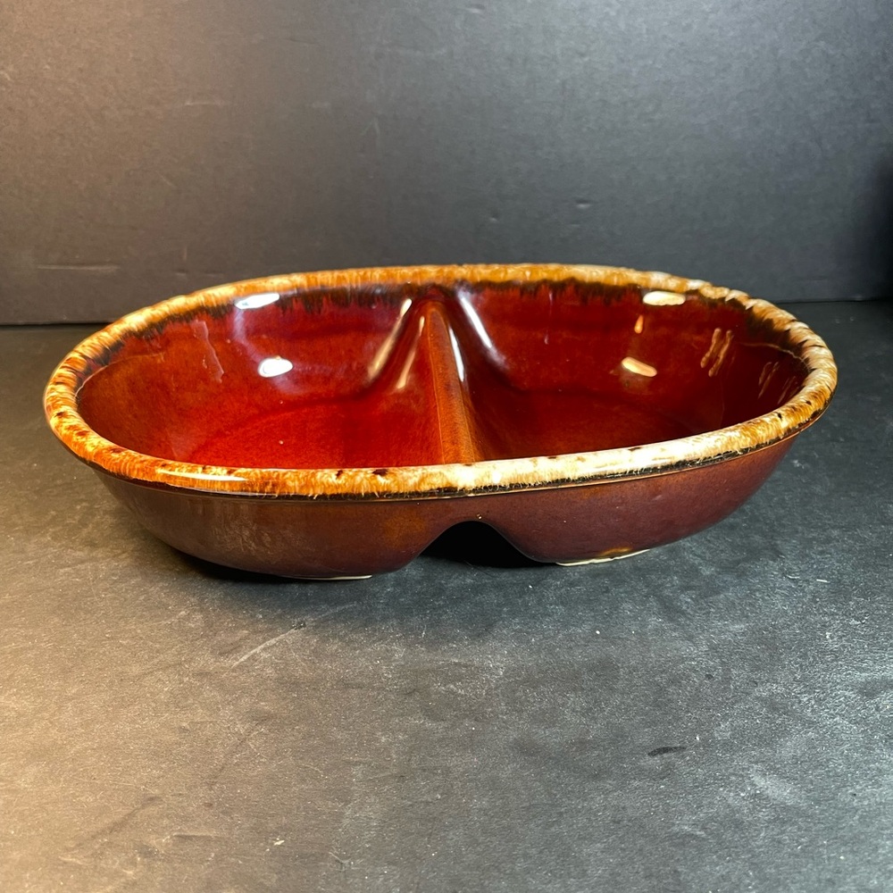 Vtg Hull Pottery Divided Oval Baking Casserole Dish Brown Drip Glaze USA T80